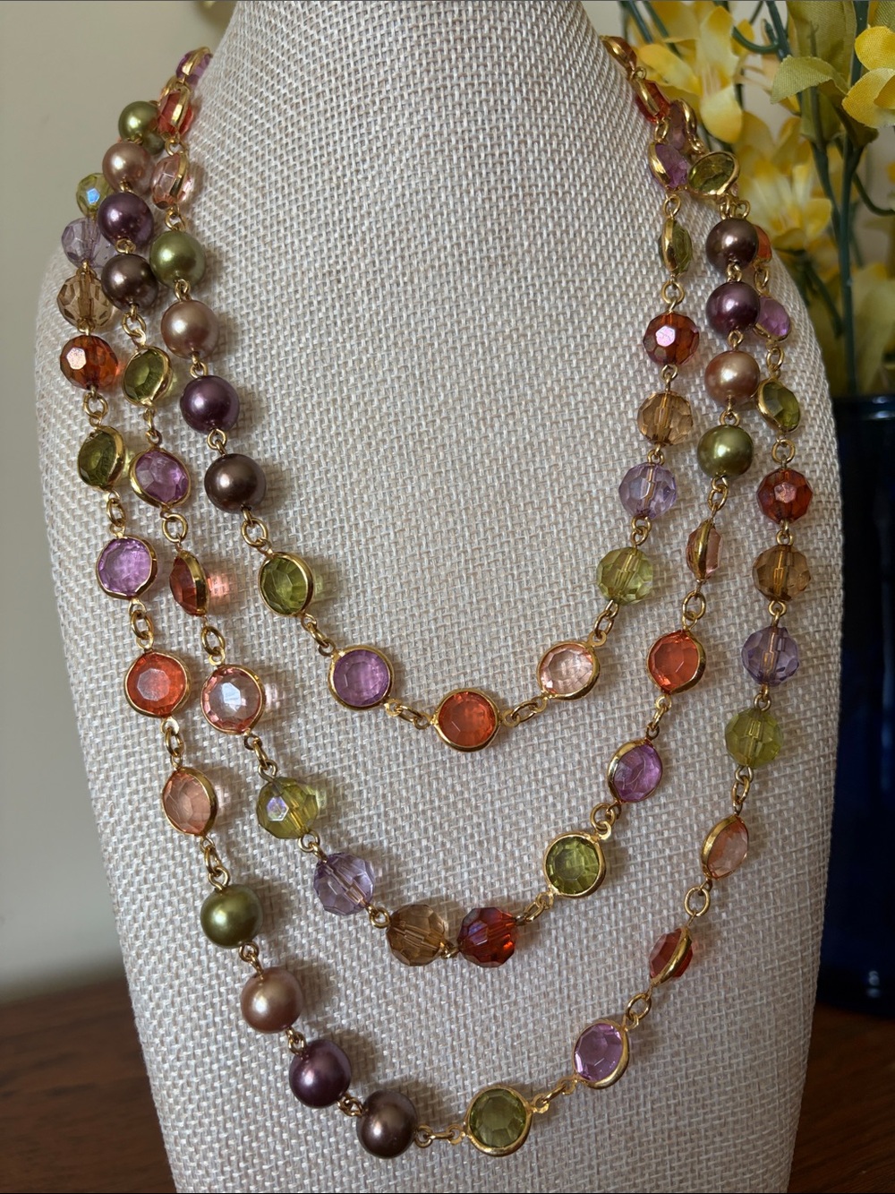 Premier Designs Multicolor Crystal & Pearl Layered Necklace - Gold Tone - Picture 3 of 5